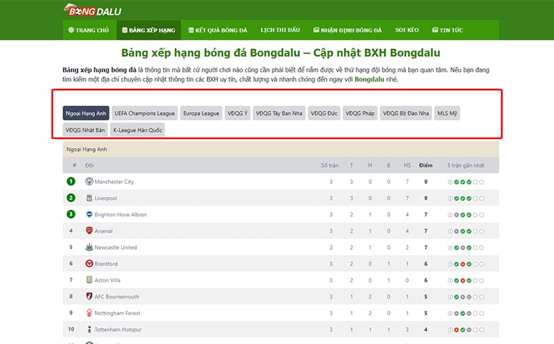 Bongdalu cập nhật bảng xếp hạng bóng đá của giải đấu nào?